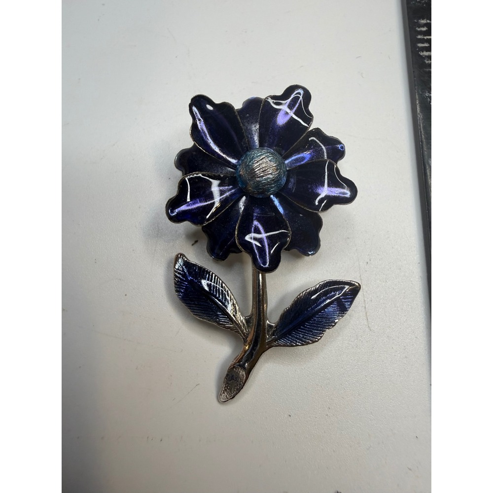 Purple Blue Enamel Flower Brooch Silver Tone Floral Pin 2 Inch